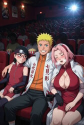 sarada_uchiha uzumaki_naruto sakura_haruno naruto_(series) boruto:_naruto_next_generations naruto 2girls 1boy 2d cinema black_hair glasses clothed pink_hair blonde_hair black_eyes sitting thighs cleavage cleavage_cutout big_breasts headband blush age_difference mother_and_daughter ai_generated aistuffo uncensored 2026 straight whisker_markings revealing_clothes pants looking_at_viewer blue_eyes hokage popcorn