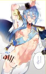 ... 1boy abs angry arm_up aroused bar_censor bare_pectorals black_gloves blue_capelet blue_eyes blue_gem blue_hair blue_sash blush bodysuit capelet censored chromatic_aberration commentary_request drooling dutch_angle edmond_(nu_carnival) embarrassed epaulettes erection furrowed_brow gem gloves gradient_background grey_background groin hair_between_eyes hair_over_shoulder half-closed_eyes heart highres jacket light_particles long_hair looking_at_viewer low_ponytail male_focus marui_shiro military_uniform navel nipples no_male_underwear nu_carnival obliques open_mouth pectorals ponytail raised_inner_eyebrows sash shoulder_sash solo sparkle speech_bubble spoken_ellipsis spoken_heart stomach surprised sweat tearing_up teeth testicles thighs_together toned toned_male torn_bodysuit torn_clothes torn_jacket variant_set white_background