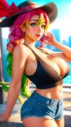 0assult0 1girls ai_generated anime anime_girl babe bangs bare_hips beautiful belly_button busty_female city_background cityscape cleavage curvaceous demon_slayer divine_body exorcist fantasy female_only gradient_hair green_eyes_female hat hoop_earrings looking_at_viewer lovely massive_breasts miniskirt mitsuri_kanroji pearl pigtails posing samurai semi_realistic sexy sexy_clothing shiny_breasts smile solo_focus tank_top twin_pigtails