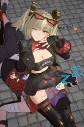 3d breasts burnice_white glasses glasses_on_head gloves head_between_thighs headscissor humiliation shorts skirt thighs zenless_zone_zero