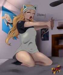 starr_nova_(brawl_stars) brawl_stars waking_up open_mouth bed bedroom yawning stretching gadby55 without_pants