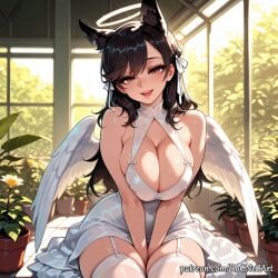 1girl 2026 ai_generated angel angel_wings animal_ears anime atago_(azur_lane) azur_lane bangs bare_shoulders between_legs black_hair blush boobs breasts brown_eyes cat_ears cleavage covered_nipples crossover demon_wings dress extra_ears eye_contact feathered_wings female female_focus flower flushed garter_straps hair_ribbon halo hand_between_legs highres huge_breasts indoors inside large_breasts long_hair looking_at_viewer moaning mole mole_under_eye nsfw open_mouth patreon patreon_username plant potted_plant ribbon rognezart sitting sleeveless sleeveless_dress smile smiling solo swept_bangs thighhighs tile_floor tiles very_long_hair white_dress white_ribbon white_thighhighs wings