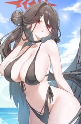 1girls beach belly_button bikini black_hair blue_archive blush bra breasts clouds g_ya_170 gya_(144) hasumi_(blue_archive) large_breasts leaning long_hair ocean open_mouth outside panties red_eyes sky standing stomach sweat swimsuit thighs underwear water wet wings