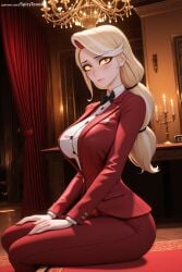 1girl ai_generated blonde_hair breasts charlie_morningstar_(hazbin_hotel) formal hazbin_hotel hi_res high_quality high_resolution indoors large_breasts long_hair looking_at_viewer pants patreon seductive sexy sitting solo spicytoonai uncensored watermark