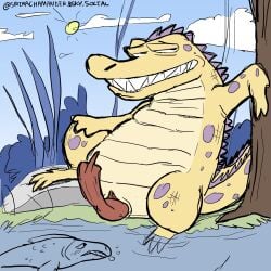 alligator alligatorid anatomically_correct anatomically_correct_genitalia anatomically_correct_penis anthro aquatic aroused aroused_face blush blush_lines crocodile crocodilian duo erection feral fish genitals hi_res looking_at_foot male penis reptile salmon salmonid_(fish) scalie srirachamander swamp
