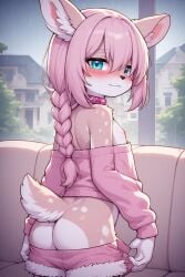 ai_generated anthro ass back_view bare_shoulders blue_eyes braided_hair brown_body butt cervine deer female flat_chest furry living_room nipples no_panties pink_hair raining shorts_down sweater young