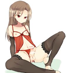 1boy arm_support babydoll bar_censor black_gloves black_legwear brown_hair censored crotchless_panties elbow_gloves erection gloves highres lace lace-trimmed_gloves lace-trimmed_thighhighs lingerie looking_at_viewer male_focus navel nipples original panties penis pointless_censoring red_eyes red_panties smile solo spread_legs thighhighs tokoroten_(dig0545) trap underwear