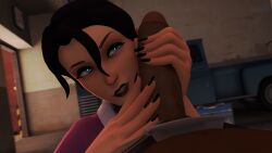 1boy1girl 3d 4k big_penis black_fingernails black_hair black_lips black_lipstick blue_eyes business_suit choker dark-skinned_male digital_media_(artwork) faceless_male hi_res imminent_fellatio imminent_oral interracial macoraynsfw miss_pauling office_lady straight team_fortress_2 video_game_character
