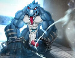 2016 anthro balls blue_skin chains cum donkey_kong_(series) ejaculation fangs humanoid_penis kludge looking_at_viewer male male_only masturbation muscular muscular_male nintendo nude penile_masturbation penis red_eyes solo todex tongue video_games