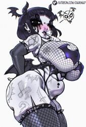 koko_(darknud) darknud goth goth_girl chubby belly shortstack white_background black_hair pale_skin white_body tattoo bat bat_wings succubus succubus_horns skull spikes fishnets earrings makeup eyeshadow piercing garter_straps bitch blush looking_at_viewer looking_down