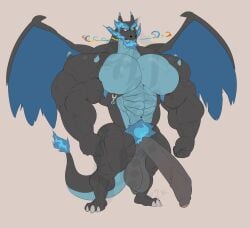 male male_only solo solo_male bara barazoku muscles muscular sharf nude penis balls big_penis big_balls anthro scalie nintendo pokemon charizard mega_evolution mega_charizard_x dragon black_body flaccid