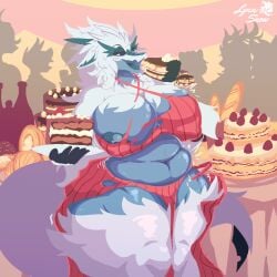 anthro areola areola_slip belly belly_expansion belly_inflation big_belly big_breasts birthday blue_body bottomwear breasts cake clothed clothing cookie dessert detailed_background digital_media_(artwork) dragon dress eating eating_food expansion female female_only fluffy food fur furniture furred_dragon furred_scalie group growth hair hi_res holding_food holding_object horn huge_breasts huge_hips huge_thighs inflation long_hair looking_at_viewer lynnsnowmew macaron_(food) mythological_creature mythological_scalie mythology navel nipple_outline nipples open_mouth overweight pastry plate scalie slightly_chubby smile sweater sweets table tail tearing_clothing thick_thighs topwear torn_clothing transformation tuft weight_gain weight_gain_sequence white_body white_hair wide_hips