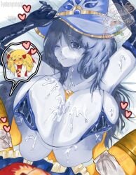 1futa 1girls absurd_res alternate_costume areolae azuri_(block_tales) bed_sheet big_breasts block_tales blue_hair blush boobjob breast_grab breast_squeeze breasts candichoco clothed_sex cum cum_drip cum_on_breasts dickgirl/female first_person_view futa_on_female futanari grabbing_another's_breast heart highres huge_breasts latex_gloves laying_down lesbian lesbian_sex looking_at_viewer looking_pleasured nipple_slip nipples nipples_out paizuri penis pigtails player_(block_tales) pleated_skirt pov_eye_contact ribbon roblox roblox_game robloxian self_upload smiling_at_viewer straddling submissive_pov submissive_top thighhighs watermark white_skin wholesome wizard_hat yellow_hair yuri