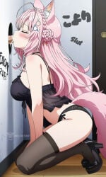 ai_generated babydoll bathroom blowjob cum glory_hole hakui_koyori hakui_koyori_(dark_maid) heels hololive hololive_japan holox kneeling lingerie virtual_youtuber vtuber