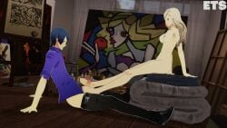 1boy1girl 1girl1boy ann_takamaki art_study barefoot blonde_female blonde_hair blue_eyes blue_hair breasts breasts_out clothed_male_nude_female erect_penis erection eulathighstraps footjob hands_on_floor hands_on_ground mouth_open naked_female nude_female persona persona_5 yusuke_kitagawa