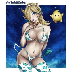 -princess_rosalina 1girl 1girls artist_name artist_signature artist_upload bikini blonde_hair blue_eyes breasts breasts_apart collar cow_print cow_print_bikini cow_tail cowbell earrings female female_focus female_only horn horns inkblinkz large_breasts makeup mario_(series) nintendo pale-skinned_female pale_skin patreon patreon_username pose posing princess_rosalina rosalina solo solo_female solo_focus star tail thighhighs toned