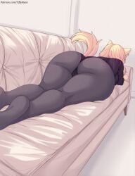 ass ass_focus blonde_hair cameltoe cat_ears facing_away from_behind from_below huge_ass lying nottytiffy on_stomach ong_hair panties panties_under_pantyhose pantyhose ponytail solo tail tiffy tiffynyaa