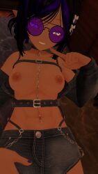 corrin_asumi black_hair black_sclera purple_nails heterochromia purple_eye yellow_eye vrchat vrchat_avatar boobs abs navel_piercing smug_grin