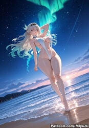 1girl ai_assisted ai_generated bangs barefoot beach blonde_hair blue_eyes blush breasts casual_one-piece_swimsuit cloud covered_nipples curvaceous curvy curvy_female curvy_figure female female_only firefly_(honkai:_star_rail) full_body groin hairband highleg highleg_swimsuit honkai:_star_rail honkai_(series) large_breasts long_hair looking_at_viewer miyuai navel night night_sky ocean one-piece_swimsuit outdoors sand shooting_star sky smile solo standing star_(sky) starry_sky swimsuit thick thick_ass thick_butt thick_hips thick_legs thick_thighs voluptuous voluptuous_female wading water wavy_hair white_swimsuit wide_hips wide_thighs