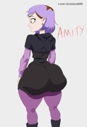 amity_blight bad_anatomy big_ass cape dcreature666 flat_chest from_behind golden_eyes leggings purple_hair smile the_owl_house the_owl_house_(finale) thick_thighs wide_hips