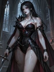 1girls solo breasts large_breasts cleavage long_hair black_hair pale_skin wet glossy_skin looking_at_viewer spiked_armor black_leather corset torn_clothes revealing_clothes thighhighs cape spikes shoulder_spikes metal_armor latex bodysuit choker gothic cathedral dark_fantasy warrior sword weapon female_warrior sweat erect_nipples thighs wide_hips hourglass_figure ai_generated original_character