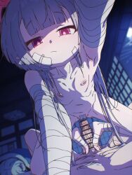 1boy 1girl :/ arm_support armpits bandaged_arm bandages bar_censor barefoot blue_archive blurry blurry_background blush ceiling_light censored character_request commentary erection feet flat_chest footjob foreshortening funen_gomi_m futon gauze gauze_on_cheek gauze_on_face grey_hair halo hetero highres indoors long_hair looking_at_viewer moon navel night nipples outstretched_arm penis pointy_ears pov pov_crotch red_eyes red_halo shouji shuro_(blue_archive) sidelighting sliding_doors toes two-footed_footjob under_covers veins veiny_penis