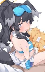 1boy 1girl animal_ears black_hair blue_archive blue_sports_bra blush bright_pupils brown_pants cheerleader collar commentary_request detached_collar dog_ears dog_girl dog_tail eyewear_on_head from_above from_behind grey_eyes halo hetero hibiki_(blue_archive) hibiki_(cheer_squad)_(blue_archive) highres holding holding_pom_poms jitome long_hair looking_at_viewer looking_back looking_up mikozin millennium_cheerleader_outfit_(blue_archive) miniskirt motion_lines multicolored_skirt official_alternate_costume official_alternate_hairstyle open_mouth out_of_frame pants pleated_skirt pom_pom_(cheerleading) ponytail pov raised_inner_eyebrows simple_background sitting sitting_on_person skirt sports_bra star_(symbol) star_sticker steaming_body sticker sticker_on_arm sweat tail white_background white_collar white_pupils yellow_halo