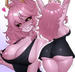 1girls 2026 ass ass_focus big_ass big_breasts black_dress black_sclera blush boku_no_hero_academia breasts dress female female_only hair_between_eyes heart highres horns large_breasts long_hair looking_at_viewer mina_ashido mina_ashido_time-skip motion_lines my_hero_academia my_hero_academia_(finale) nipple_peek nipples pink_hair pink_skin post-timeskip raigandraws sideboob solo white_background yellow_eyes