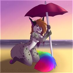 anthro beach breasts chesta feline female furry kneeling looking_at_viewer mammal nude polarlights pussy seaside smile solo tongue tongue_out