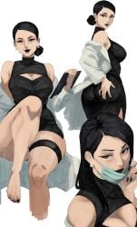1girls 2d absurd_res black_dress black_hair black_lips black_lipstick black_nail_polish black_nails brown_eyes cleavage cleavage_cutout cropped_legs debbie_grayson dress feet female female_only hex_mamaniac highres invincible lab_coat large_ass large_breasts large_thighs lipstick looking_at_viewer mask mature_female mouth_mask nail_polish seductive sleeveless sleeveless_dress smile solid_color_background solo solo_female toenail_polish toenails white_background