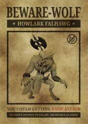 absurd_res anthro armor axe barbarian canid canine codpiece ear_piercing english_text fangs foirgairwolf hi_res howlark_(foirgairwolf) huge_filesize jewelry male mammal mythological_canine mythological_creature mythology piercing poster simple_background solo tan_background teeth text text_on_paper tribal wanted_poster weapon_on_back weapon_on_shoulder werecanid werecanine werecreature werewolf