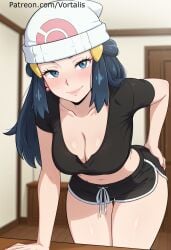 1girl ai_generated beanie bent_over black_shirt black_shorts blue_eyes blue_hair blurry blurry_background blush breasts cleavage closed_mouth collarbone dawn_(pokemon) dolphin_shorts earrings eyelashes game_freak hair_ornament hairclip hand_on_hip hat indoors jewelry large_breasts leaning_forward long_hair looking_at_viewer midriff nail_polish navel nintendo pink_nails pokemon shirt short_shorts short_sleeves shorts smile solo vortalis white_headwear