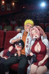1boy 2026 2d 2girls age_difference ai_generated aistuffo balls big_breasts black_eyes black_hair blonde_hair blowjob blue_eyes blush boruto:_naruto_next_generations cinema cleavage cleavage_cutout clothed clothed_sex glasses headband hokage mother_and_daughter naruto naruto_(series) open_clothes oral oral_sex pants pants_down penis penis_in_mouth pink_hair revealing_clothes sakura_haruno sarada_uchiha sitting smooth_skin straight thighs uncensored uzumaki_naruto whisker_markings
