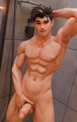 wuyang overwatch overwatch_2 naked nude naked_male nude_male fully_nude fully_naked fully_nude_male fully_naked_male standing 1boy male male_only solo solo_male shower showering water waterdrops hairbun 3d 3d_(artwork) tkennsfw abs six_pack hand_behind_head erect erection erect_penis erect_cock erect_dick nipples