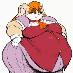 ai_generated ascot bangs beige_fur belly_overhang big_belly big_breasts big_butt button_up_shirt chubby_face fat fat_folds flabby_arms flabby_legs hazel_eyes lavender_dress obese obese_anthro obese_female orange_hair overweight overweight_anthro overweight_female rabbit rabbit_girl red_shirt sonic_the_hedgehog_(series) thick_thighs vanilla_the_rabbit white_gloves wide_hips