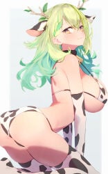 1girls animal_ears bovid bovid_humanoid bovine bra ceres_fauna cow_ears cow_print female female_focus female_only getto_(ifphilo) green_hair hololive hololive_english kneeling long_hair looking_at_viewer open_mouth panties purple_eyes solo teeth thighhighs underwear virtual_youtuber yellow_eyes