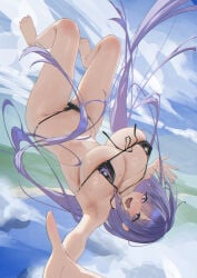 1girl absurdres annlee azur_lane bikini black_bikini blue_sky breasts cleavage commentary_request falling freefall highres huge_breasts long_hair looking_at_viewer mogador_(azur_lane) mogador_(diving_for_desire)_(azur_lane) navel open_mouth purple_eyes purple_hair ring_light_reflection sky solo swimsuit