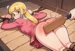 ai_generated stable_diffusion 1girls xenokriss spanking spanked_butt spanked paddle paddling restrained bondage rope rope_bondage wrists_tied zelda_(skyward_sword) the_legend_of_zelda skyward_sword blonde_hair nintendo civitai elf_ears crying crying_with_eyes_open tears blushing dress_lift ass