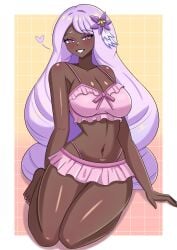 1girl 1girls absurdres bare_shoulders barefoot big_hair bikini blush border breasts cleavage collarbone commentary dark-skinned_female dark_skin darkmynde english_commentary eyelashes eyeshadow frilled_bikini frills gradient_background grid_background heart highres jacinthe_(pokemon) large_breasts long_hair looking_at_viewer makeup nail_polish navel nintendo outside_border pink_background pink_bikini pink_eyes pink_eyeshadow pokemon pokemon_legends:_z-a purple_hair purple_nails sitting smile swimsuit toenail_polish toenails very_dark_skin very_long_hair white_border yellow_background yukari_(pokemon)