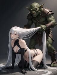 ai_generated original grok 1girl1boy goblin_male goblin very_long_hair large_breasts white_hair earrings all_fours black_dress long_gloves blue_eyes grabbing_another's_hair hair_grab hair_fetish floor gradient_background cleavage