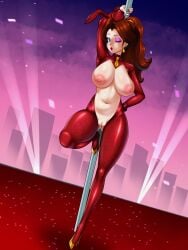 1girl alternate_costume animal_ears ass_visible_through_thighs blue_eyes breasts brown_hair city commentary earrings english_commentary eyeshadow fake_animal_ears gold_earrings gold_necklace gold_shoes highres hiphighs jewelry large_areolae large_breasts makeup mario_(series) necklace necktie night nipples one_eye_closed pauline pauline_(mario) pauline_(nintendo) pole puckered_lips purple_eyeshadow pussy rabbit_ears red_lips reverse_bunnysuit reverse_outfit shoes short_necktie shrug_(clothing) sleepiitreat solo spotlight stripper_pole super_mario_odyssey variant_set