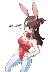 1girl animal_ears atsuko_kagari breasts brown_hair cleavage commentary covered_navel english_commentary hand_on_own_hip highleg highleg_leotard highres kagari_atsuko kanashikeki leotard little_witch_academia long_hair looking_to_the_side medium_breasts open_mouth pantyhose playboy_bunny rabbit_ears red_eyes red_leotard simple_background solo teeth upper_teeth_only white_background white_pantyhose white_wrist_cuffs wrist_cuffs