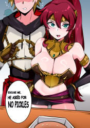 1boy 1girls armor barely_clothed barely_contained_breasts big_breasts blonde_hair blush breasts cleavage covered_nipples duo female green_eyes he_asked_for_no_pickles jaune_arc jrpuls3 light-skinned_female light-skinned_male long_gloves male pyrrha_nikos red_hair rwby short_skirt tiara