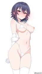 areolae asanagi_umi belly belly_button blushing blushing_at_viewer breast_slip breasts class_de_2-banme_ni_kawaii_onnanoko_to_tomodachi_ni_natta female female_focus female_only heavy_blush i_made_friends_with_the_second_prettiest_girl_in_my_class medium_breasts navel nipples purple_hair red_eyes roswell-ss roswell_ss tiny_bikini uncensored white_g-string white_gloves white_stockings