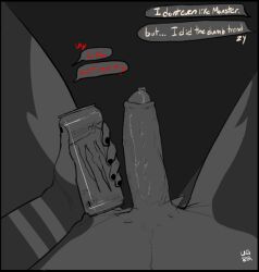 anthro black_border bodily_fluids border bovid caprine colored_nails erection genital_fluids genitals goat leaking_precum male mammal markings monster_can_comparison monster_energy nails nude penis precum solo texting undesirablegoat zy_(undesirablegoat)