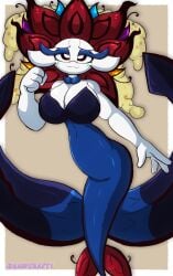 2026 4_fingers absurd_res big_breasts black_body blue_body breasts cleavage clothed clothing commission commission_art commissioner_upload creatures_(company) creatures_inc. fakemon female flo_(al33444) florges game_freak gen_6_pokemon generation_6_pokemon hi_res huge_breasts humanoid multicolored_body nintendo orange_body pokemon pokemon_(species) pokemon_xy purple_body red_body sawcraft1 semi-humanoid simple_background solo tan_body white_body
