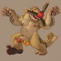 aeromorph aircraft airplane anthro balls dark_soles foreskin genitals glans half-erect hi_res khaki_body living_aircraft living_machine living_vehicle machine male mature_male military musclegut muscular muscular_male nipples not_furry pecs penis propeller ravuer red_glans red_nipples red_nose retracted_foreskin sharp_teeth silly solo teeth vehicle yellow_balls