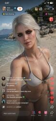 luxuryai ai_generated cd_projekt_red the_witcher_(series) the_witcher_3:_wild_hunt ciri white_hair green_eyes mascara scar freckles freckles_on_face swimsuit bra breasts beach streaming streamer wet_body sea 1girls female light_skin light-skinned_female solo solo_female looking_at_viewer