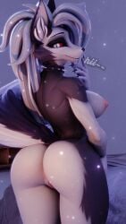 2026 3d_(artwork) absurd_res anthro anus areola bed bedroom big_breasts big_butt big_tail black_body breasts butt canid canid_demon canine claws collar demon digital_media_(artwork) english_text eyebrow_piercing eyebrow_ring facial_piercing female furniture genitals hair hellaverse hellhound helluva_boss hi_res inner_ear_fluff inside long_hair looking_at_viewer looking_back looking_back_at_viewer loona_(helluva_boss) mammal mrs_dexie mythological_canine mythological_creature mythology nipples particles piercing pupils rear_view red_sclera ring_piercing slit_pupils smile smiling_at_viewer solo spiked_collar spikes tail tail_aside text thick_thighs tuft vulva white_body white_eyes white_hair wide_hips