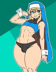 1boy 2d 2d_(artwork) arc_system_works blonde_hair bridget_(guilty_gear) bulge curvy curvy_body curvy_femboy curvy_figure curvy_hips curvy_male femboy green_eyes guilty_gear navel smile smiling solo solo_focus solo_male thick_thighs xmito